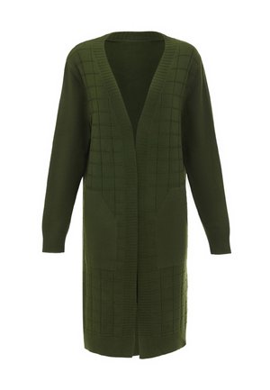 Cardigan lung cu deschidere în față, de culoare verde închis, cu un model texturat în grilă, cu manșete dublate și două buzunare frontale. Material tricotat moale.