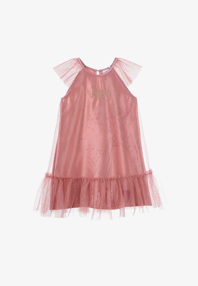 Robe rose avec des manches courtes en tulle, superposition transparente et ourlet volanté. Présente des accents scintillants et un design de personnage subtil.