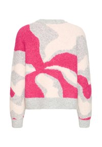 Pull en peluche à manches longues avec des motifs de tourbillon abstraits rose, gris et blanc, avec des poignets et un ourlet côtelés, vu de dos.