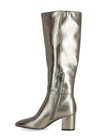 Kniehoge metallic zilveren laars met een puntige neus en blokhak; voorzien van een ritssluiting aan de zijkant en een gladde, glanzende textuur.