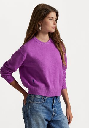 Pull violet avec un col rond et des poignets côtelés, arborant un petit logo bleu sur la poitrine ; associé à un jean en denim bleu clair.