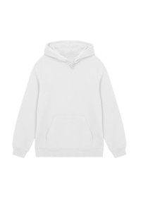 Sudadera blanca con capucha, bolsillo tipo canguro frontal y cierre de cordón en la capucha, mostrada planamente sobre un fondo blanco.