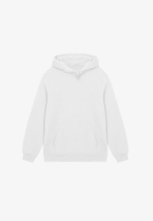 Weiße Kapuzen sweatshirt mit frontaler Kängurutasche und Kordelzug im Kapuzenbereich, flach auf einem weißen Hintergrund präsentiert.