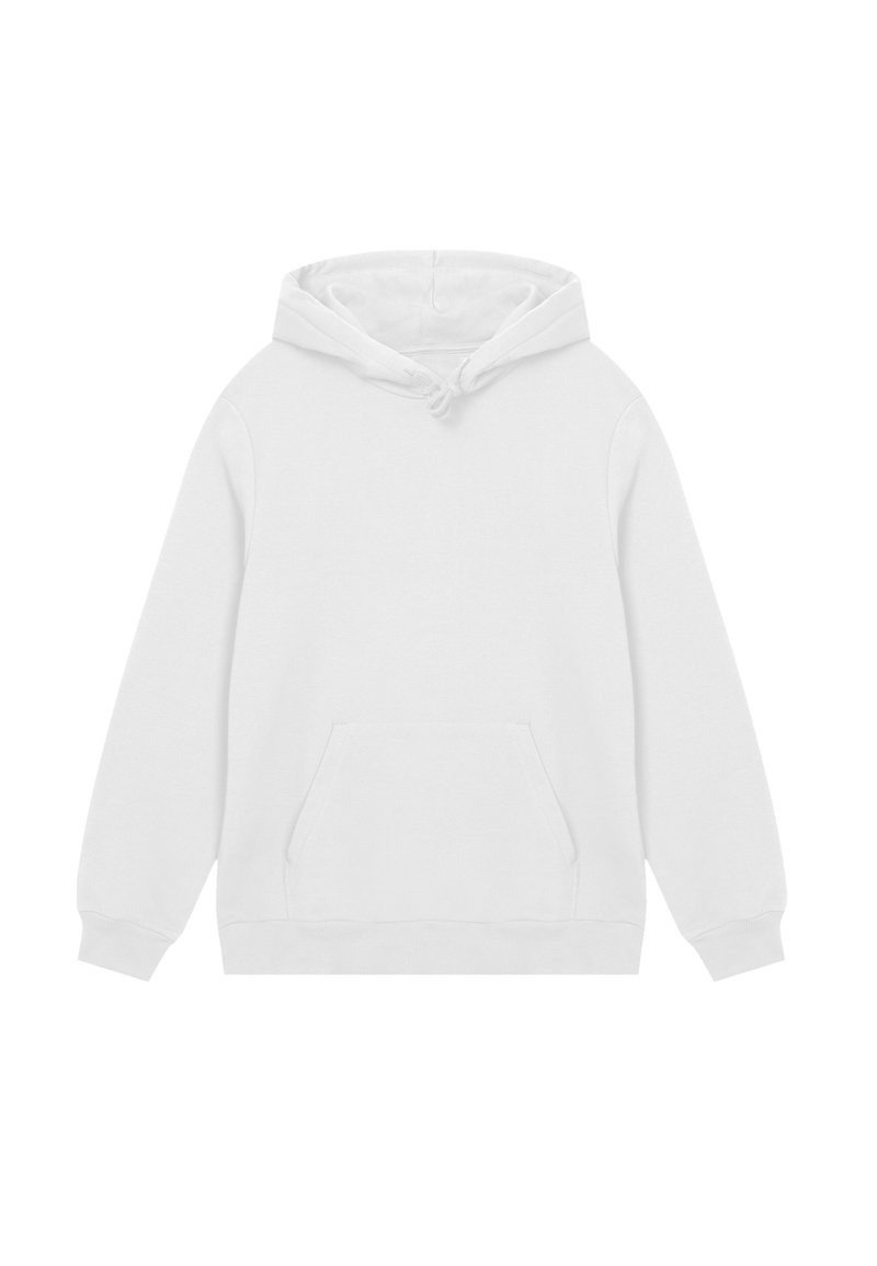 Sudadera blanca con capucha, bolsillo tipo canguro frontal y cierre de cordón en la capucha, mostrada planamente sobre un fondo blanco.