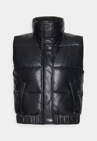 Czarna skórzana kamizelka bez rękawów, wyściełana, z wysokim kołnierzem, przednim zamkiem błyskawicznym schowanym pod klapką, bocznymi kieszeniami i elastycznym dołem.