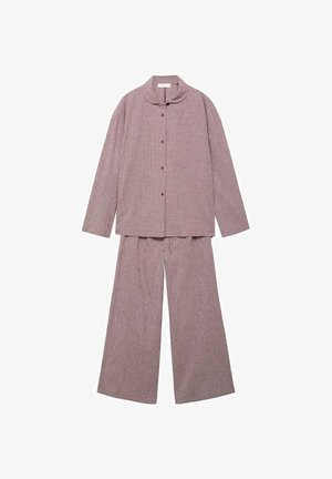 Dvoudílná sada pyžama v malém kostkovaném vzoru, obsahující košili na knoflíčky s kulatým límcem a volné kalhoty s širokými nohavicemi.