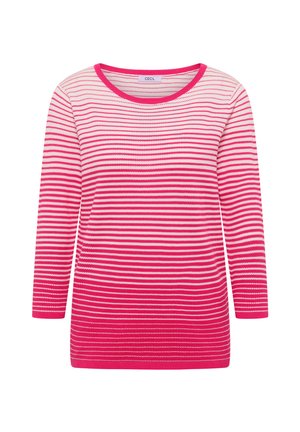 Pull en maille à manches longues avec rayures horizontales roses et blanches, col rond, et effet dégradé du rose clair au rose foncé.
