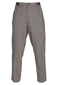 Šedé kostkované kalhoty s klasickým vzorem, zapínáním na knoflík a mírným zúžením na kotnících. Vyrobené z lehkého materiálu.