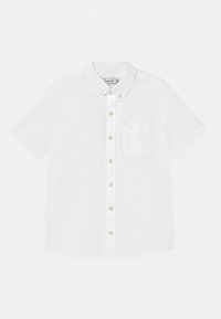 Short-sleeve white shirt, button-up design, collar, single chest pocket, smooth fabric, and subtle stitching details.