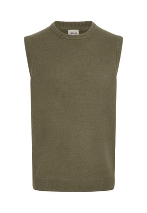 Ärmelloser Pullover in olivgrün, gerippter Strickstruktur, runder Halsausschnitt, gerade Schnittform und dezentes Saumdetaill. Markenlabel sichtbar auf der Innenseite.
