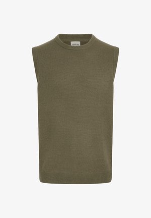 Pikadeta, oliivroheline, ribakoe tekstuur, ümmargune kaelus, sirge lõige ja peen viimistlus. Brändi silt nähtav seest.