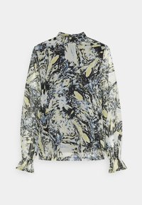 Blouse à manches longues avec un motif abstrait noir, bleu et jaune, col montant et poignets à volants sur fond blanc.