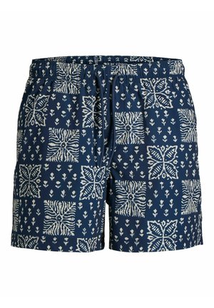 Short de bain bleu marine avec motifs patchwork floraux et géométriques blancs et taille élastique avec cordon.