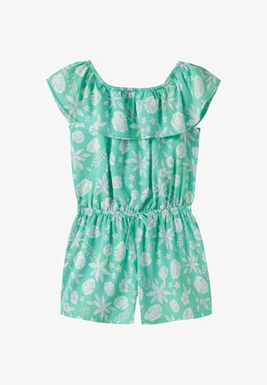 Combinaison verte aqua avec motifs de feuilles tropicales et de fleurs blanches, encolure à volant dénudée, taille élastique et cordon de serrage.