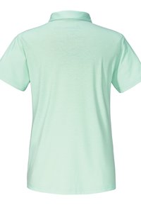 Mintgrünes Poloshirt mit einem kragenartigen Halsabschluss und kurzen Ärmeln. Glatte Textur mit einem dezenten Glanz, minimalistisches Design.