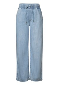 Helle blaue, weit geschnittene Hosen aus weichem Denim mit elastischem Bund und verstellbarem Kordelzug. Mit gestickten Details entlang der Nähte.
