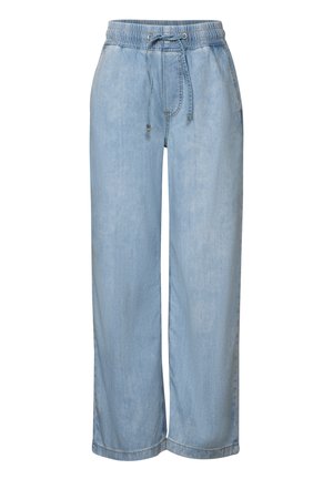 Světlé modré kalhoty širokého střihu vyrobené z měkkého denimu s elastickým pasem a nastavitelnou šňůrkou. Obsahují prošívané detaily podél švů.