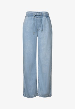 Helle blaue, weit geschnittene Hosen aus weichem Denim mit elastischem Bund und verstellbarem Kordelzug. Mit gestickten Details entlang der Nähte.