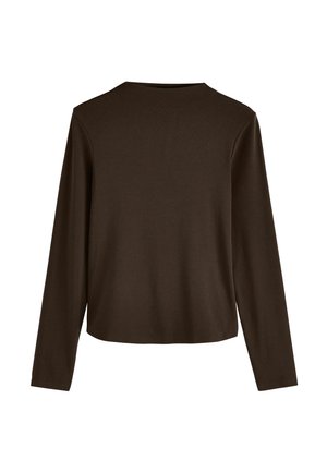 Braunes Langarmshirt mit rundem Ausschnitt, aus weichem Stoff; hat ein sauberes, einfaches Design mit einem geraden Saum am unteren Ende.