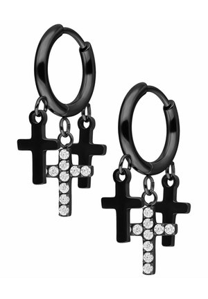 Black hoop earrings feature three dangling cross pendants, two solid black and one adorned with clear rhinestones, hung with small metal links.