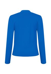 Modrá přiléhavá bunda s dlouhým rukávem a vysokým límcem, zobrazená zezadu na bílém pozadí.