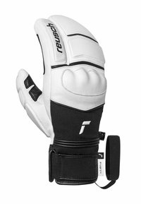 Torwarthandschuh mit einem weißen Lederhandflächen, schwarzen Akzenten, gepolstertem Fingerschutz und verstellbarem Handgelenkband für einen sicheren Sitz.