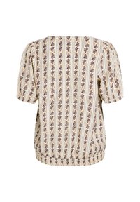 Short-sleeve blouse in cream with thin vertical stripes and floral patterns in purple and yellow. Features a gathered bottom hem.