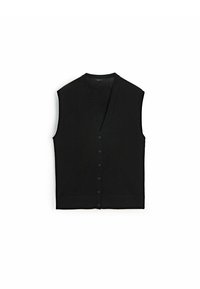 Schwarze ärmellose Weste mit einem V-Ausschnitt, Knopfverschluss vorne und weichem Stoff. Schlichtes Design mit geradem Saum und ohne Muster.