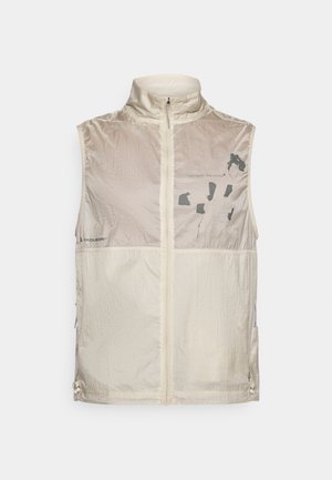 Leichte beige ärmellose Weste aus glänzendem Ripstop-Stoff. Verfügt über einen hohen Kragen, einen Frontreißverschluss und dezente schwarze Grafiken.