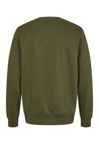 Olivengrønn genser med rund hals, lange ermer, ribbede mansjetter og kant, glatt tekstur, ensfarget, uten synlige logoer eller mønstre.