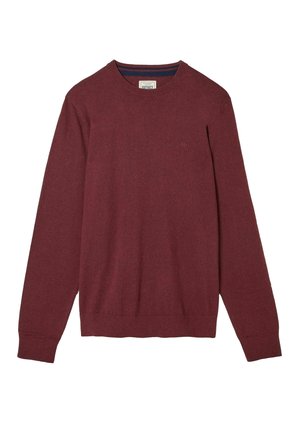 Burgunderfarbener Rundhalsausschnitt-Pullover aus weichem Strickstoff, mit langen Ärmeln und geripptem Saum. Dezentes Logo auf der Brust gestickt.