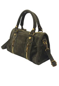 Sac en daim vert foncé avec double poignées, quincaillerie dorée, deux poches zippées à l'avant et une bandoulière amovible. Forme rectangulaire robuste.