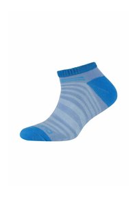 Niebieska skarpetka do kostki z jasnoniebieskimi i ciemnoniebieskimi paskami. Wykonana z miękkiego materiału. Posiada wzmocniony palec i piętę dla zwiększonej trwałości.