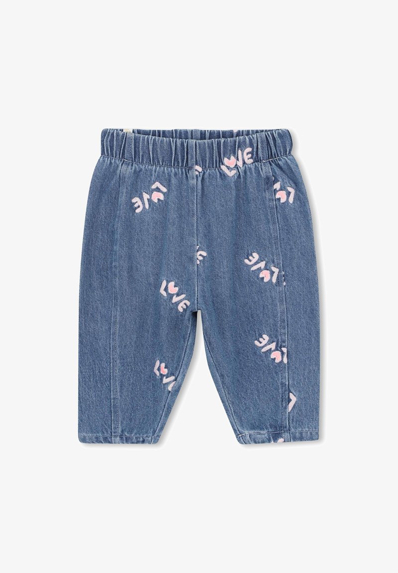 Pantaloni in denim blu con cintura elastica, caratterizzati da ricami rosa con la scritta "LOVE" e cuori, tagliati a lunghezza caviglia.