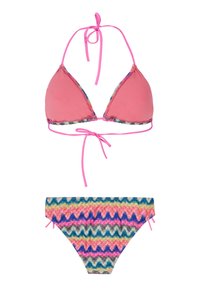 Top bikini triangolare di colore rosa con legacci regolabili; il fondo presenta un pattern zigzag colorato in blu, rosa e bianco. Materiale morbido.