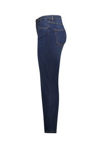 Skinny jeans in een donkerblauwe denim met een middelhoge taille, vijf zakken en gele stiksels langs de naden. Glad textuur, strakke pasvorm.