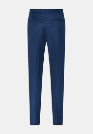 Tailored navy trousers featuring a smooth texture, slim fit, and two back pockets. The design includes a flat front and belt loops.