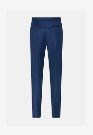 Tailored navy trousers featuring a smooth texture, slim fit, and two back pockets. The design includes a flat front and belt loops.
