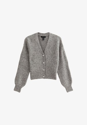 Cardigan court en mélange de laine gris avec un col en V, cinq boutons sur le devant, des poignets et un ourlet côtelés. Texture douce avec un motif subtil.