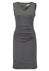 Ärmelloses graues Kleid mit V-Ausschnitt, gerafftem Taillenbereich, glatter Textur und Reißverschluss auf der Rückseite. Midi-Längen-Design.