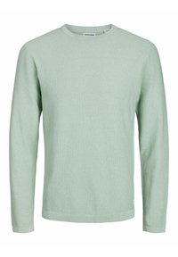 Light green long-sleeve crew neck sweater with a subtle textured knit and a small brand tag near the hem on a plain background.