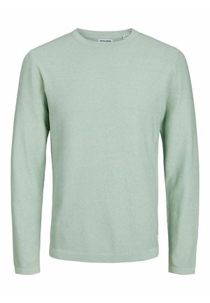 Hellgrüner, langärmeliger Pullover mit Rundhalsausschnitt, der eine dezente Strukturstrickung aufweist und ein kleines Markenschild nahe dem Saum auf einem einfachen Hintergrund trägt.