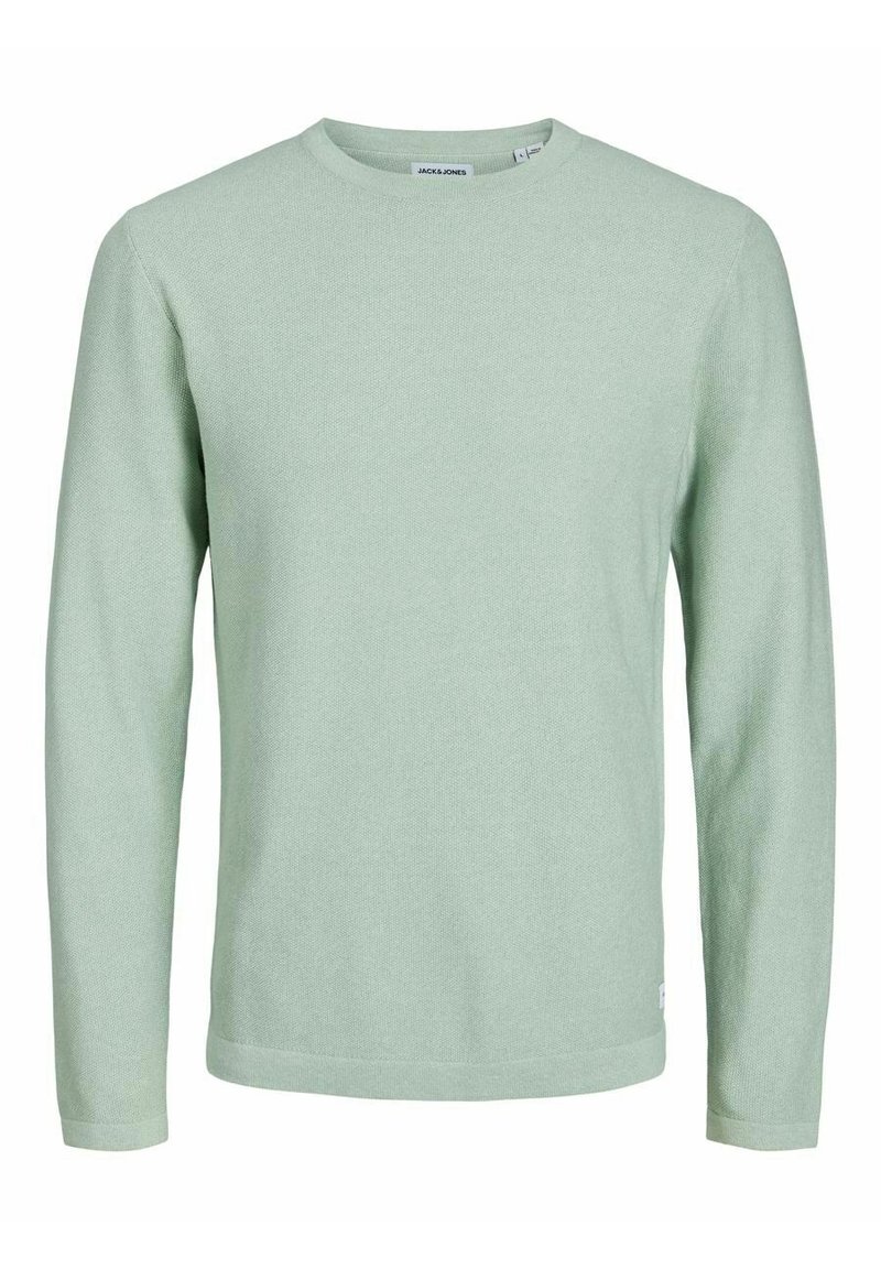 Light green long-sleeve crew neck sweater with a subtle textured knit and a small brand tag near the hem on a plain background.