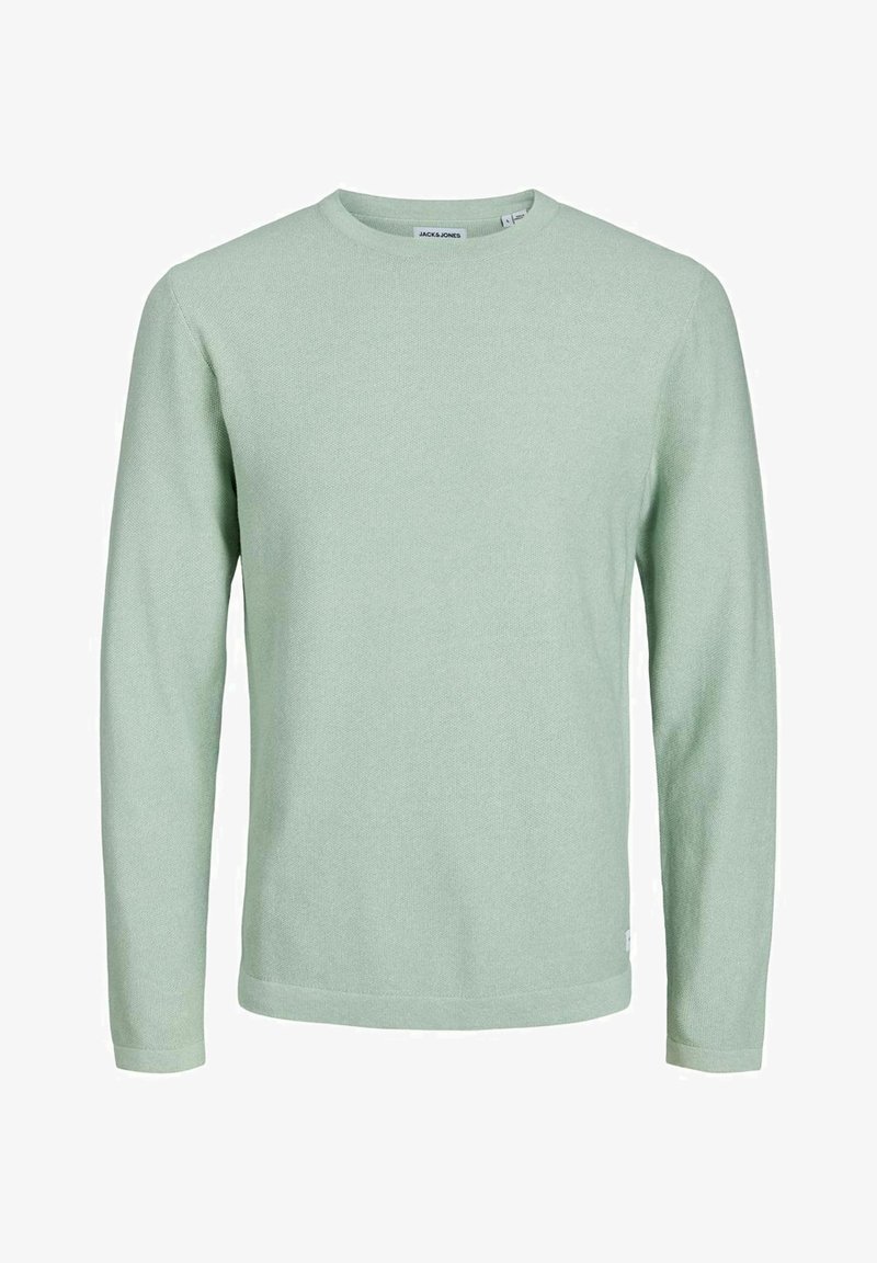 Light green long-sleeve crew neck sweater with a subtle textured knit and a small brand tag near the hem on a plain background.