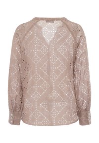 Lichtbruine blouse met een diamanten patroon en uitsnijdingen, lange pofmouwen en knoopaccenten bij de manchetten. Zacht, geweven stof.