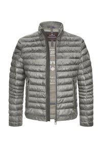 Graue Pufferjacke mit einer glatten, glänzenden Textur. Verfügt über einen Stehkragen sowie einen Reißverschluss vorne und seitlichen Taschen. Vertikales Steppmuster.