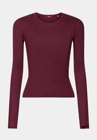 Viininpunainen pitkähihainen ribbineulospusero pyöreällä kaula-aukolla ja istuvalla leikkauksella, jossa on sileä pinta ja hienovarainen jousto mukavuutta varten.