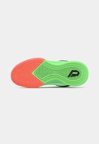 Basketball shoe sole in black, green, and orange. Textured rubber with wave patterns and logo. Features a distinctive, multi-colored design.