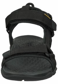 Black sandal with textured rubber sole, adjustable nylon straps, and a padded footbed. Features a back loop for easy wear.