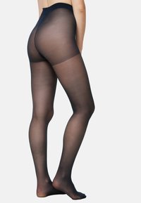 Czarne przezroczyste rajstopy o gładkiej fakturze, z wysokim stanem i półprzezroczystym wykończeniem, zaprojektowane tak, aby ściśle przylegały do nóg.